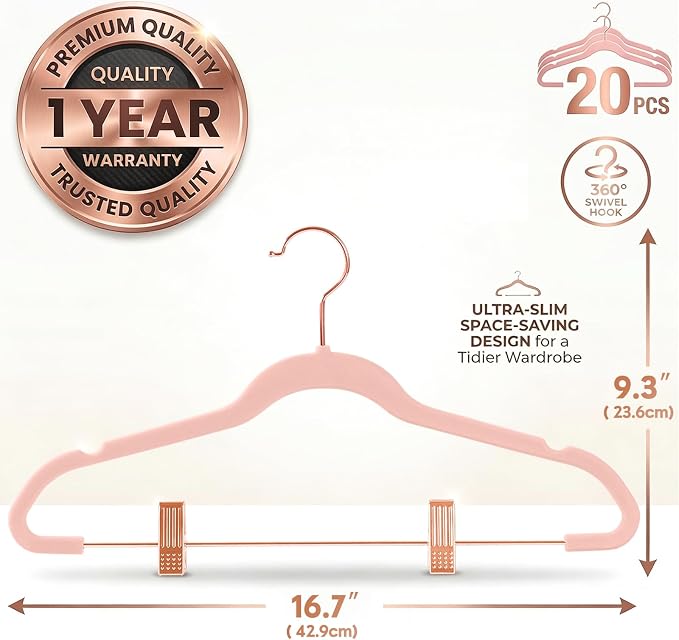 MIZGI Premium Velvet Pants Hangers with Clips (Pack of 20) Slim Skirt Hangers- Non Slip Felt Outfit Dress Hangers Blush Pink - Copper/Rose Gold Hooks,Space Saving Shirt Clothes Hangers
