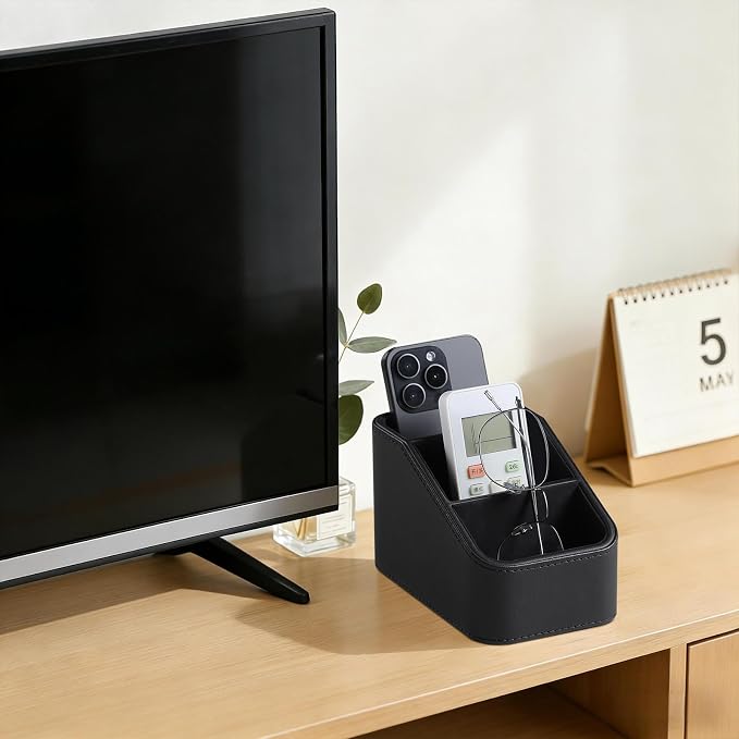 PU Leather Remote Control Holder, Small Desk Organizer Office Supply Bedside Caddy for Nightstand End Table Couch, Pen Remote Organizer with 3 Compartments (Black)