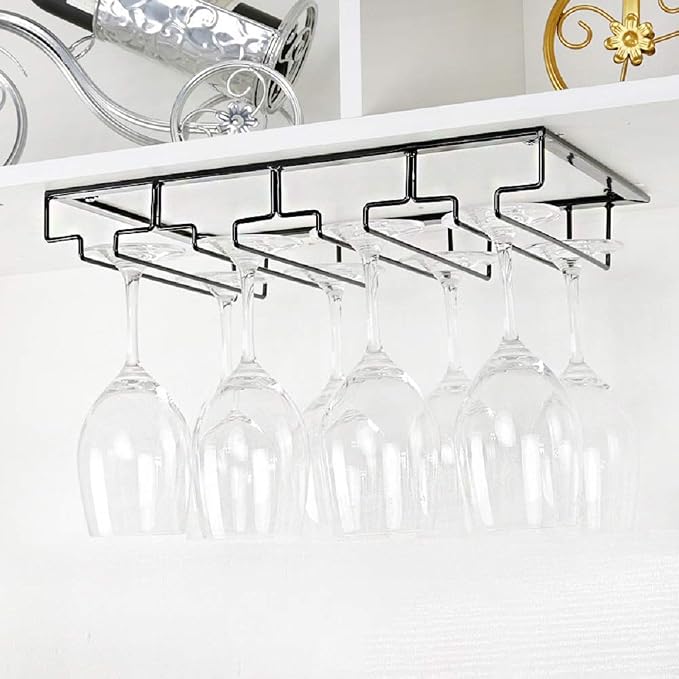 FOMANSH Wine Glass Rack - Under Cabinet Stemware Wine Glass Holder Glasses Storage Hanger 2 Pack Metal Organizer for Bar Kitchen 4 Rows Black