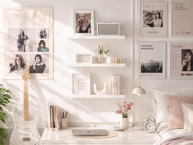 upsimples Floating Shelves for Wall, Wall Shelves for Decor Storage Set of 6, Wall Mounted Wood Shelf for Bedroom, Living Room, Bathroom, Kitchen, Picture Ledge Shelf, White