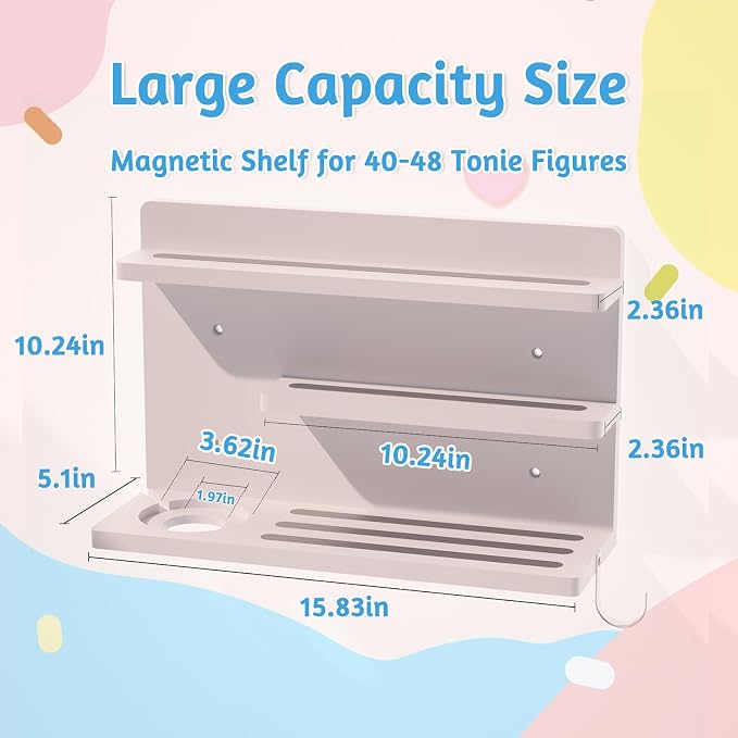 for Tonies Shelf Magnetic - 3 Tier Wooden Tonies Figure Organizer, White | Tonies Box Holder, Magnetic Display Shelf for Kids Room, Wall Floating Shelves Toy Storage Compatible Charging Station