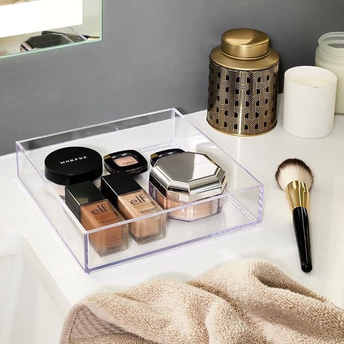 iDesign Clarity Collection Countertop Vanity Tray, 8" x 8" x 2", Clear | Organizer for Bathroom, Bedroom