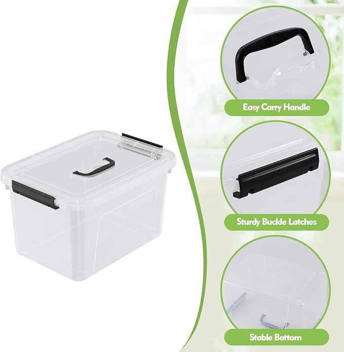 Wekioger 4 Packs Plasitc Lidded Storage Bins, Clear Latching Boxes with Handles (10 Quart)