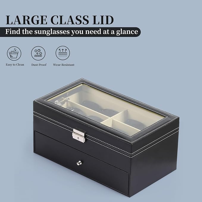 AUTOARK Leather 12 Piece Sunglass Storage Display Case,Black,AW-023 | Eyeglasses Organizer,Drawer Style,Lockable,Glass Top