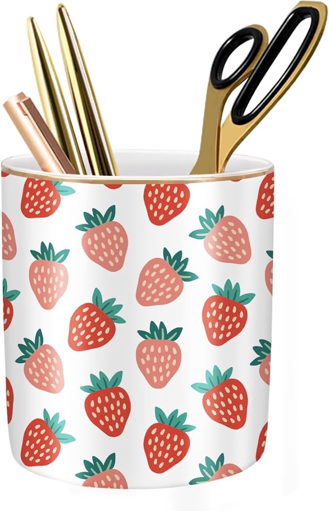 Pencil Holder for Desk, Ceramic Pencil Pens Cup Cute Makeup Brush Holder, Unique Desk Multifunctional Pen Organizer for Home, Office, Strawberries Pattern