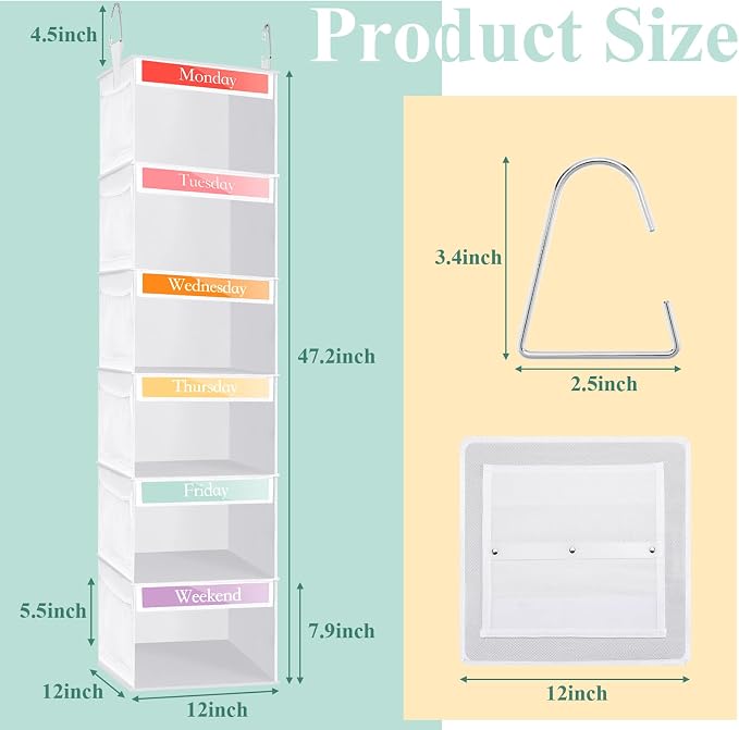 Amylove 2 Pack 6 Shelf Weekly Clothes Organizer for Kids with Side Pocket, 47 Inch Days of the Week Clothes Organizer, Monday to Friday Daily School Outfits Clothing Divider for Kids(White)
