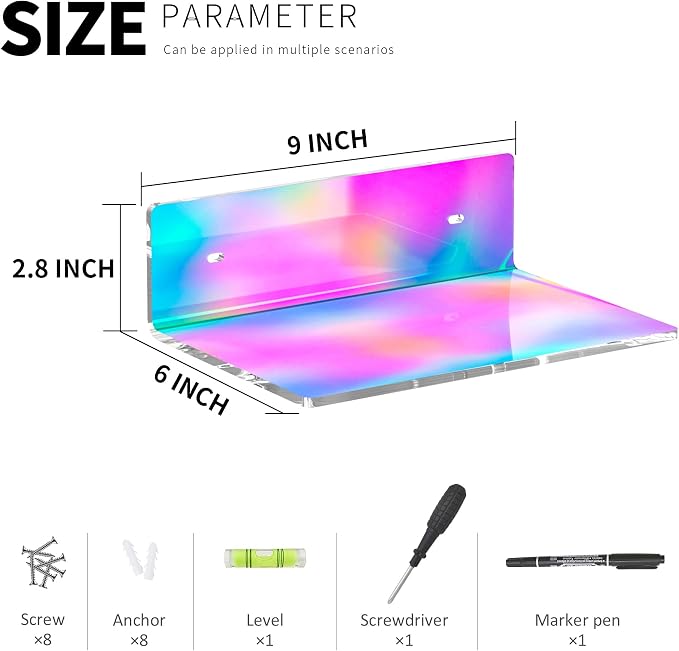 Sezanrpt 9 Inch Iridescent Wall Shelves, Acrylic Small Floating Shelf, Home Wall Display Shelf for Storage, Room Décor, Space Saving, Items Organizer, Bathroom Organizer, 4 Pack