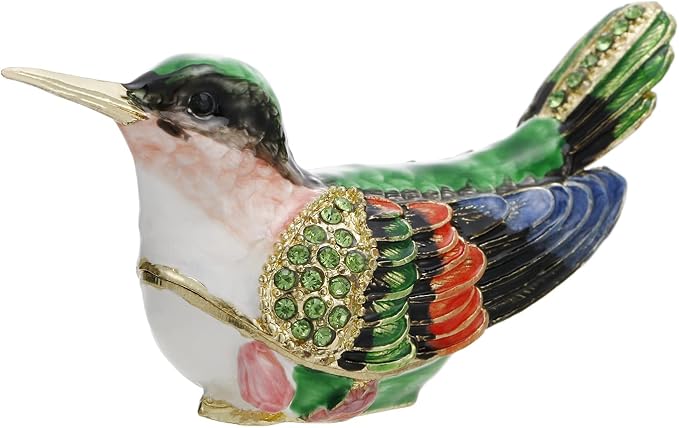 Hand Painted Enamel Hummingbird Trinket Box for Home Decor, Hinged Jewelry Organizer for Ring Earrings, Unique Figurine Keepsake Collectible Personalized Handmade Ornament Gifts (Green Hummingbird-2)