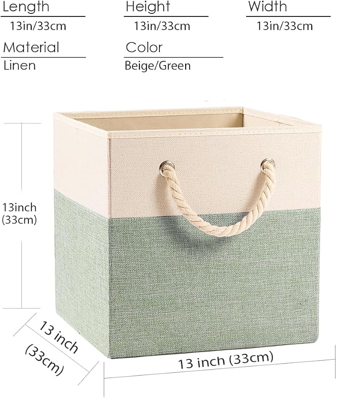 PRANDOM Large Foldable Cube Storage Bins 13x13 inch [4-Pack] Fabric Linen Storage Baskets Cubes Drawer with Cotton Handles Organizer for Shelves Nursery Closet Bedroom Beige/Green
