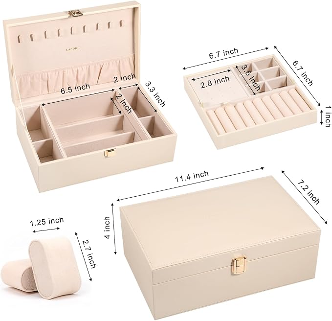 LANDICI Jewelry Box Organizer for Men Women, 2 Layer 4 Slot Watch Storage Case with Removable Tray, PU Leather Large Jewellery Holder Display for Watches Sunglasses Rings Earrings Necklace, Apricot