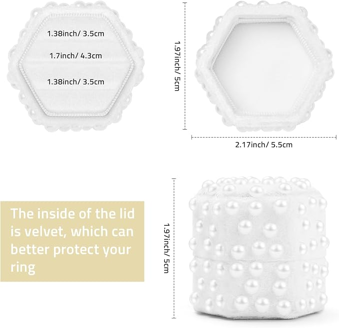 WantGor Velvet Jewelry Ring Box, 3 Slots Hexagon Ring Gift Box Ring Holder | Vintage Ring Display Case for Wedding Ceremony Proposal Engagement (White Pearl, 3 Slots)