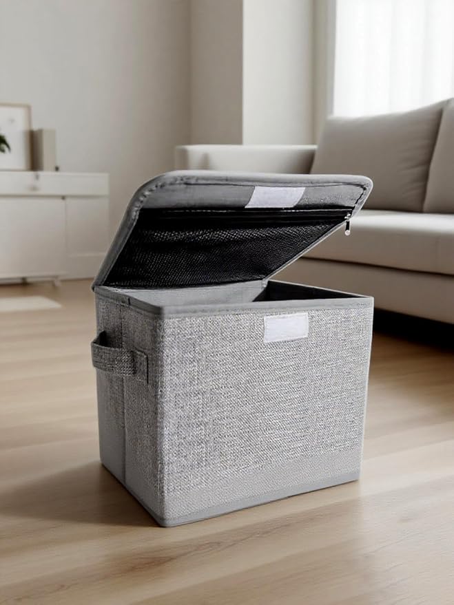 2 Pack Small Storage Box, Storage Basket with Lid, Foldable Cotton Linen Fabric Keepsake Box, Organizer Container with Zipper for Decorative, Medicine, Greeting Card Organizer.(Gray)