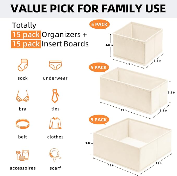 Criusia Closet Drawer Organizer Clothes, 15 Pack Dresser Organizer for Baby Clothes, Fabric Drawer Dividers for Nursery Bedroom (Beige)