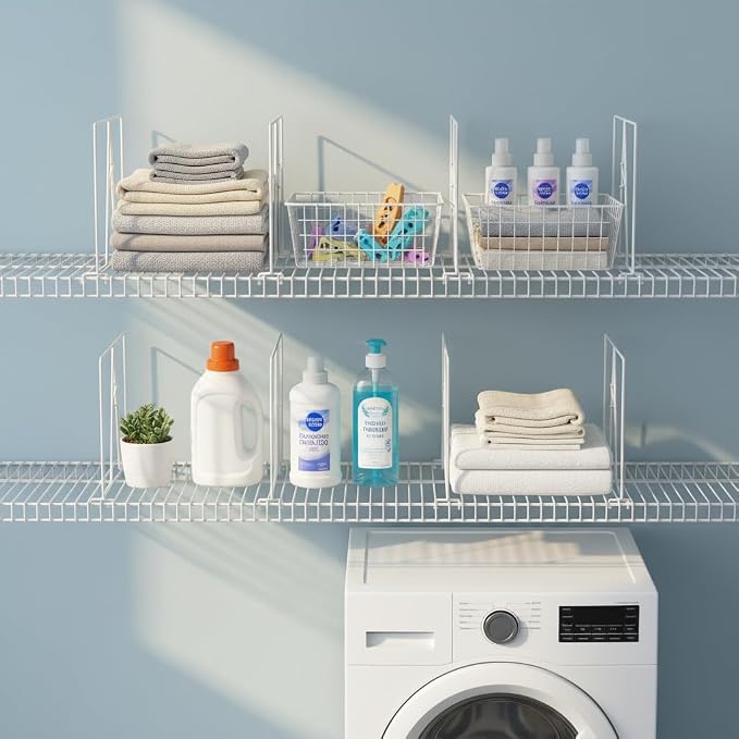 Wire Shelf Dividers - White Closet Organization & Storage Organizer - No Tool Shelf Divider for Wire Shelves - Metal Shelf Accessories – for 12“ Deep Wire Shelves – Tall 12” Height – 16 Pack