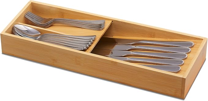 guiogc Bamboo Silverware Drawer Organizer, Kitchen Cutlery Tray,Utensil Holder for Spoons, Forks, Knives in Kitchen