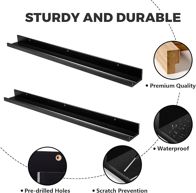 Muzilife 45.3" Large Floating Shelves Wood Wall Shelf with Lip, 2Pcs, Black | FSC-Certified Wood | 20 lbs Capacity | Space-Saving | Hanging Shelf | Wall Decor| Bedroom,Living Room,Bathroom,Kitchen,Office