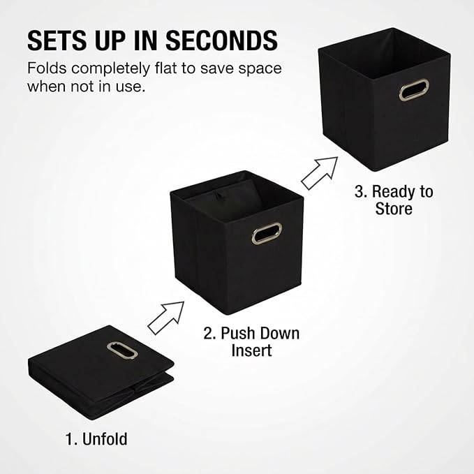 Household Essentials Foldable Fabric Storage Bins 6 Piece Set, Strong Poly-Woven Fabric, Sturdy Chipboard Sides, Grommet Front Handle, Stackable, Classic Design, Black