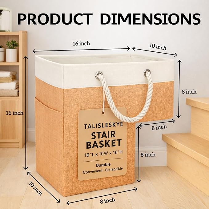 Stair basket,Foldable staircase baskets,Step stairs storage baskets with handle,1pcs apricot