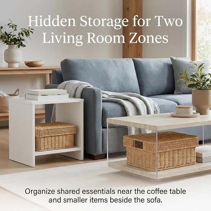 Wicker Storage Basket with Lid - Woven Storage Basket for Organizing,Rectangular Decorative Boxes Bins with Lids for Shelves, living room, Nursery, 2-Piece Set(Natural)