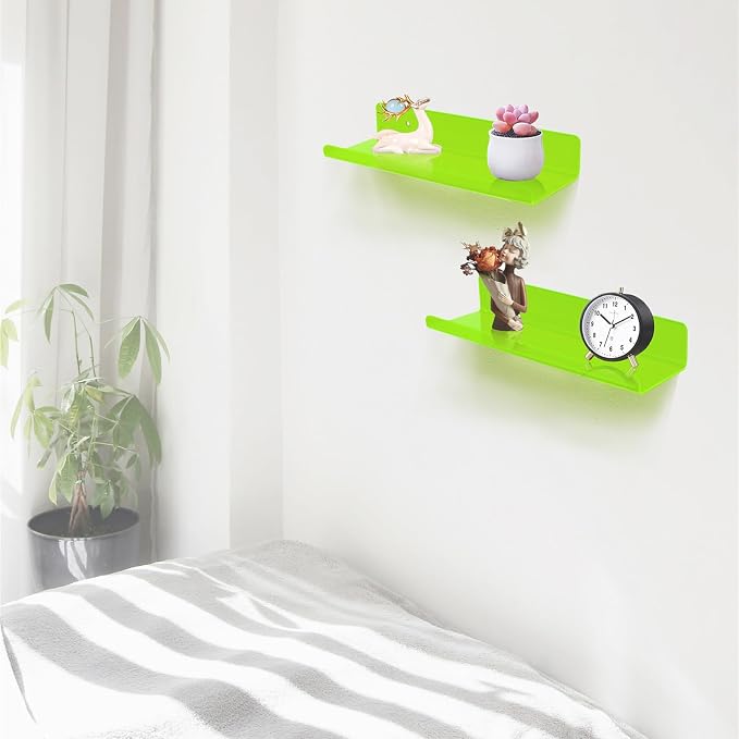 ROYALITA 2-Pack Small Acrylic Shelves Wall Mounted, 12 in Display Shelves | for Small Items, Plants, Room Decor Floating Wall Shelves for Gaming Room, Bedroom, Living Room, Office, Green