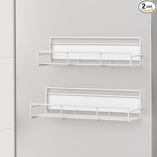HuggieGems 2 Pack Magnetic Spice Rack Organizer for Refrigerator and Microwave Oven, Metal Fridge Shelf for Kitchen, White