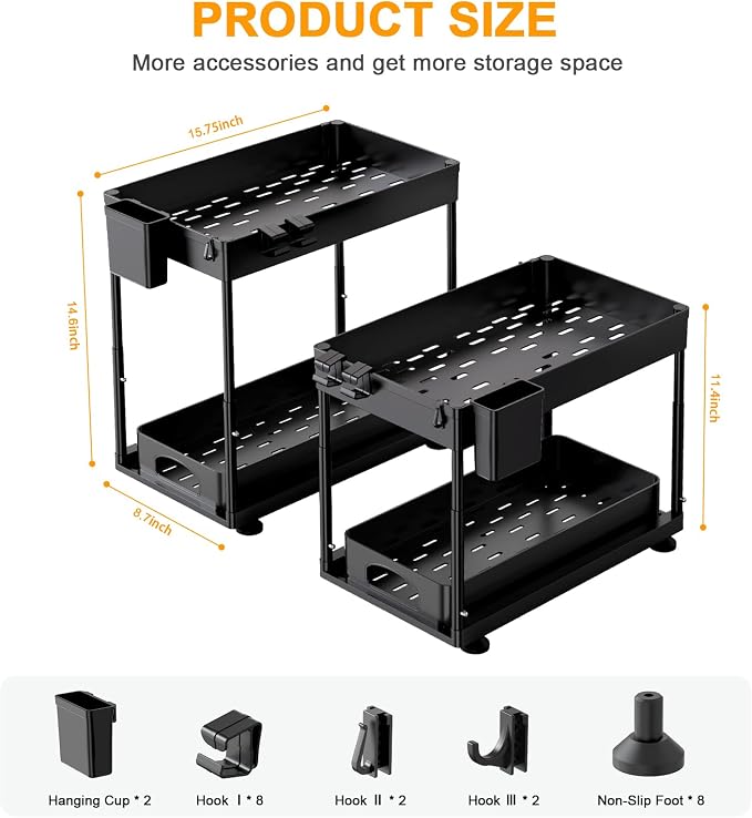 Under Sink Organizers and Storage, 2 Pack Height Adjustable Bathroom Cabinet Organizer, 2 Tier Sliding Under Sink Organizer, Sturdy Pull Out Bathroom Storage, with 12 Hooks & Hanging Cups, Black