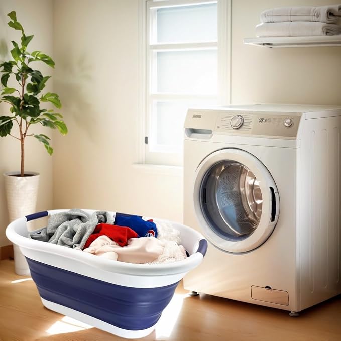 SAMMART 40L (10.5 gallon) Collapsible Plastic Laundry Basket - Foldable Pop Up Storage Container/Organizer - Portable Washing Tub - Space Saving Hamper/Basket (White/Navy Blue)