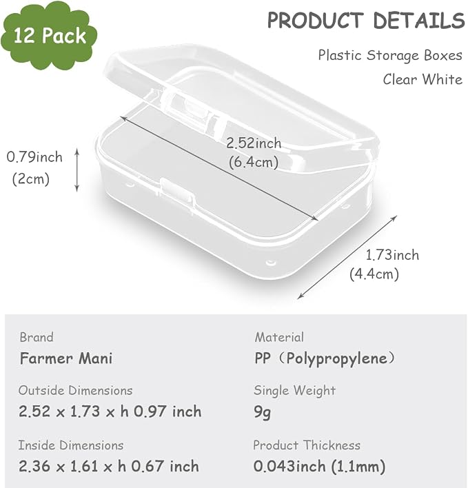 12 Pack Rectangle Plastic Clear Storage Containers Box (2.52 x 1.73 x 0.79 Inch), Small Bead Organizer for Small items, Crafts, Beads, Coins, Jewelry and Business Cards