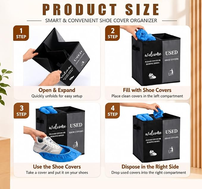Shoe Cover Box with Door Hanging Sign – Foldable Double Compartment Storage Bin, Freestanding Dispenser Organizer for Home, Office, Entryway (Dark Gray)