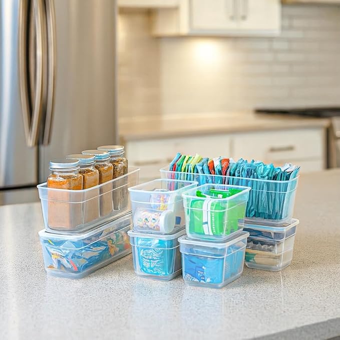 AB Designs Best Kept Plastic Storage Bins with Lids - Mixed Pack, 4 Long & 4 Small Home Organizer Storage Boxes with Lids, Clear