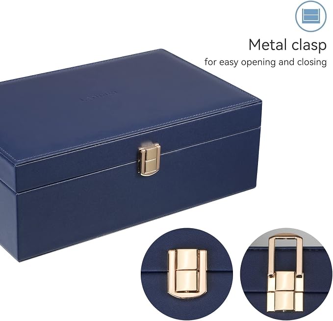 LANDICI Jewelry Box Organizer for Men Women, 2 Layer 4 Slot Watch Storage Case with Removable Tray, PU Leather Large Jewellery Holder Display for Watches Sunglasses Rings Earrings Necklace,Dark Blue