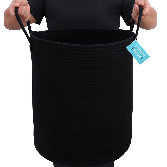 OrganiHaus Tall Cotton Rope Laundry Basket & Hamper, Blanket Storage 52L | Full Black - Tall Cotton Rope Hamper, 52L