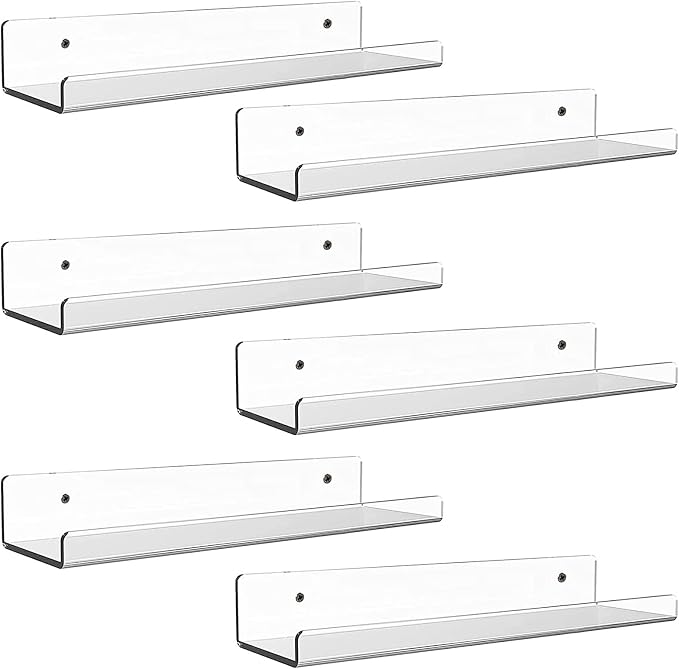 Dezzer Acrylic Floating Shelves, 6 Pack 15" Invisible Shelf Wall Ledge Bookshelf Bedroom Bathroom Kitchen Shelves Book Toys Funko Pop Figures Display Shelves, Clear