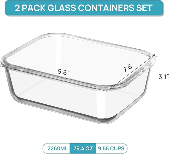 Vtopmart 2Pack 2260ml/76.4oz Extra Large Glass Storage Containers, Pink | Meal Prep Food Container Set with Snap Airtight Lids, Microwave, Oven, Freezer, Dishwasher Safe, Baking, BPA Free