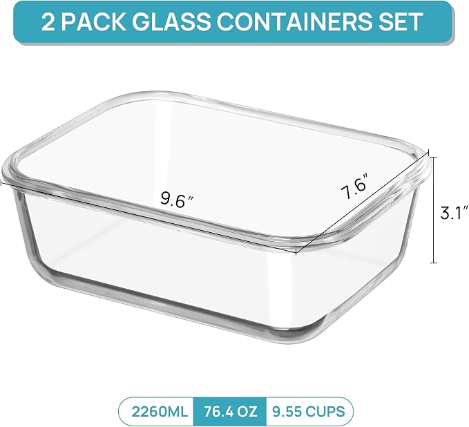 Vtopmart 2Pack 2260ml/76.4oz Extra Large Glass Storage Containers, Grey | Meal Prep Food Container Set with Snap Airtight Lids, Microwave, Oven, Freezer, Dishwasher Safe, Baking, BPA Free
