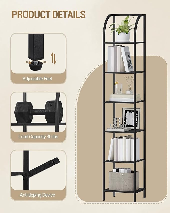 Hzuaneri Bookshelf Narrow Bookcase, Tall Storage Rack with Steel Frame, Display Standing Shelf Unit, Skinny Book Shelf for Study Living Room Home Office, Industrial Style, 6-Tier Black BC56004B