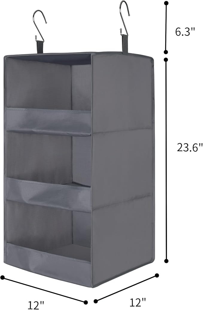 GRANNY SAYS 3-Shelf Closet Organizers and Storage, Foldable Hanging Closet Organizer, Hanging Closet Shelves with 2 Metal Hooks, Leak-Proof Closet Hanging Organizer for Locker & Camper, Gray, 2-Pack