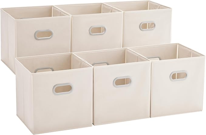 MAX Houser 6 Pack Foldable Fabric Storage Bins with Handles - Ideal for Closet Organization, Bedroom （Beige,12"x12"x12"）