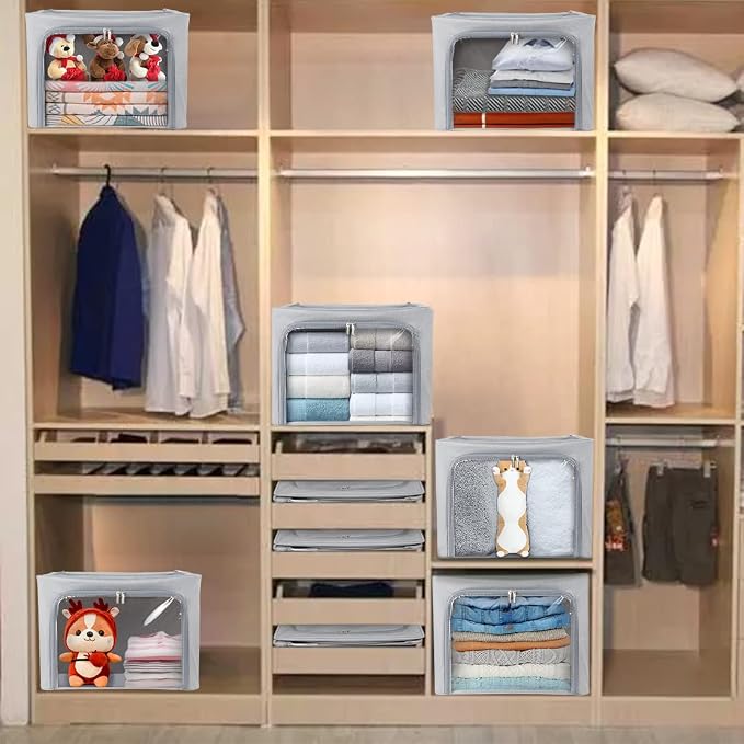 Clothes Storage Box Bins Stackable Foldable Organizer with Metal Frame for Clothing Bedding Shelves,Closet Container with Clear Window Zipper and Label Holder (Gray,Small-40L x3 Pack)