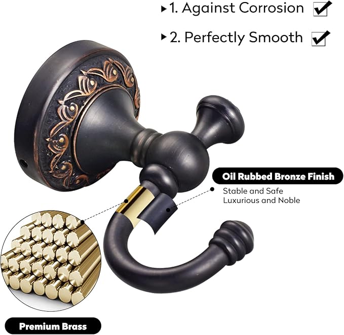 Leyden Brass Towel Hooks, Oil Rubbed Bronze Robe Hooks Antique for Bathroom Cloakroom Kitchen