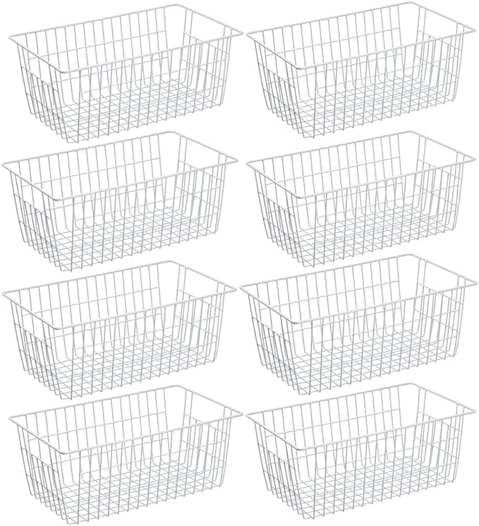 SANNO Freezer Baskets Pantry Storage Bins, Farmhouse Wire Storage Baskets Organizer Storage Bins Large Organizer Bins for Kitchen Organization Storage-Set of 8,White