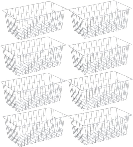 SANNO Freezer Baskets Pantry Storage Bins, Farmhouse Wire Storage Baskets Organizer Storage Bins Large Organizer Bins for Kitchen Organization Storage-Set of 8,White