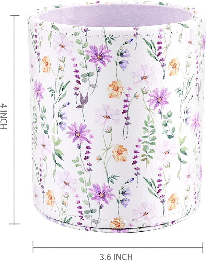 Pen Holder, Makeup Brush Holder Leather Cute Vintage Flowers Pattern Pencil Cup for Girls Kids Women Durable Stand Desk Organizer Storage Gift for Office, Classroom, Home, Cute Flower