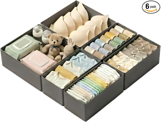 Drawer Organizer for Clothes & Underwear - 6-Pack Fabric Storage Bins with Zipper Bottom | Bra Drawer Organizer & Sock Organizer for Dresser - Foldable Baby Clothes Organizer Set, Grey