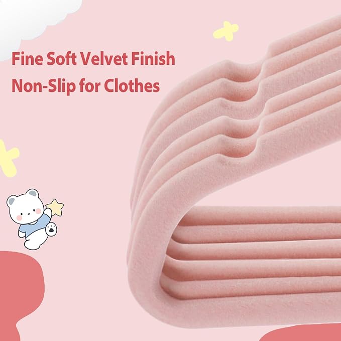 Baby Velvet Hangers, 32 Packs Kids Clothes Hangers, Non-Slip Childrens Hangers with Shoulder Notches, Storage Organizer for Infant and Toddler, 11 Inch, 0.2 Inch Slim, Rose Gold Hook, Pink