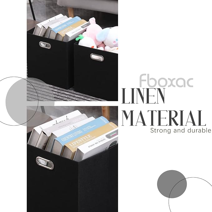 Collapsible Organization Basket Fabric Foldable Box with Handles, 13x13 Cube Storage Bins Set of 4, Thick and Heavy Duty Storage Baskets for Shelves Bedroom Livingroom,Black