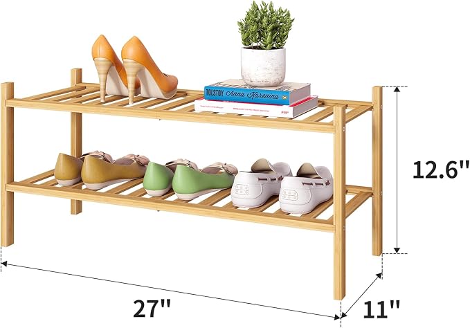 Bamboo Shoe Rack Stackable Shoe Shelf Storage Organizer for Unit Entryway Hallway and Closet Sturdy Freestanding Shoe Shelf(2 Tier Natural)