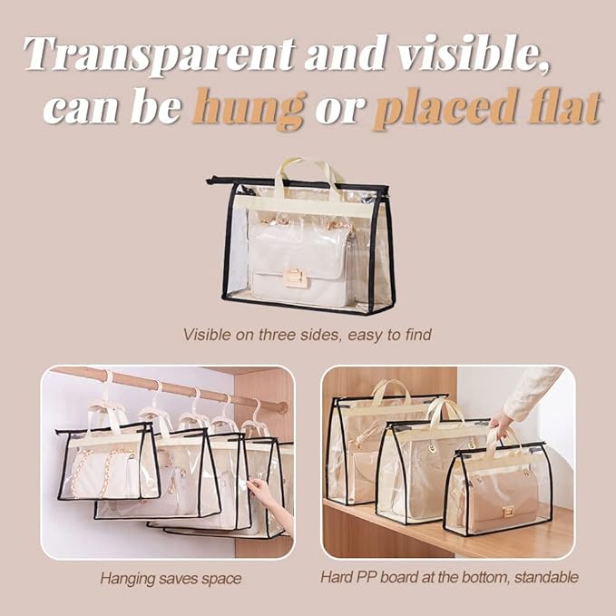 fazhongfa 5 PCS Hanging Handbag Storage Organizer Non-Woven Transparent Dust-proof Homewares Purse Wallet Closet Storage Bag with Zipper and Handle (XL)