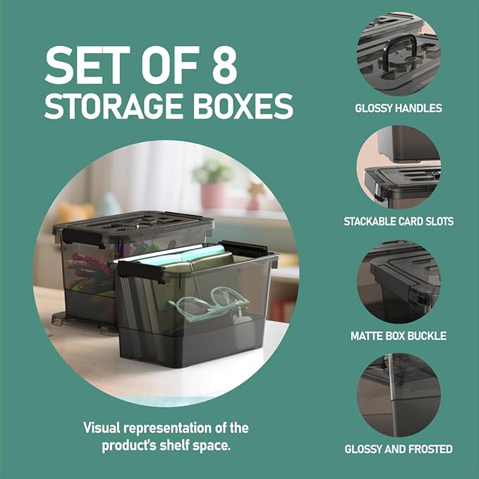 8-Pack Clear Black Plastic Storage Bins with Lids/Handles, 7 Quart Latch Organizer Boxes, Stackable Storage Containers for Organizing
