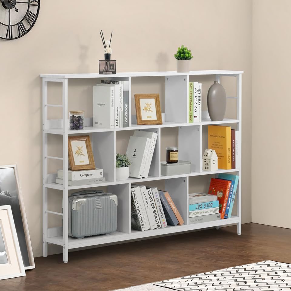 CAPHAUS 10 Cube Storage Organizer, 55” Wide 3 Tier White Industrial Open Shelf Bookcase, Display Shelf, Horizontal Books